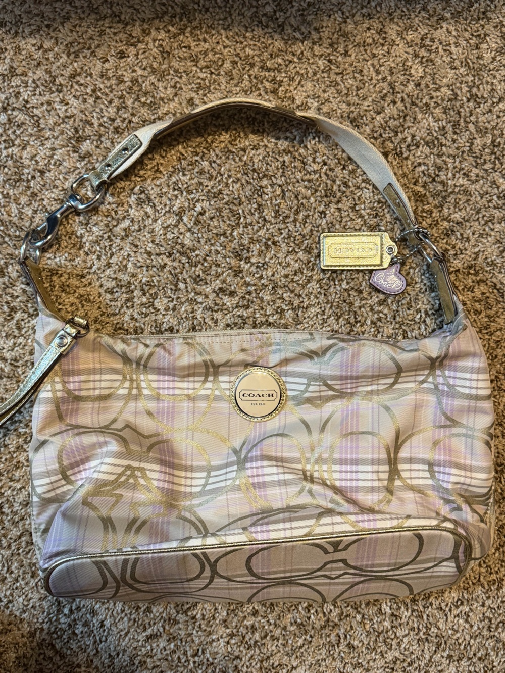 Vtg Coach F17209 Signature Plaid Metallic Hobo Bag Cream Lavender Gold Handbag